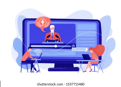 Tiny people, students listening to religious lecture online. Theological lectures, online religious lectures, religious studies course concept. Pinkish coral bluevector isolated illustration