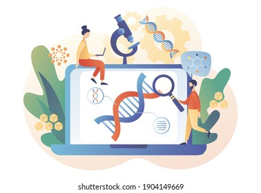 Tiny people study dna use microscope and laptop. Biotechnology. Science, laboratory research,  genetic testing, chemical, GMO, bioengineering and organism. Modern flat cartoon style. Vector 