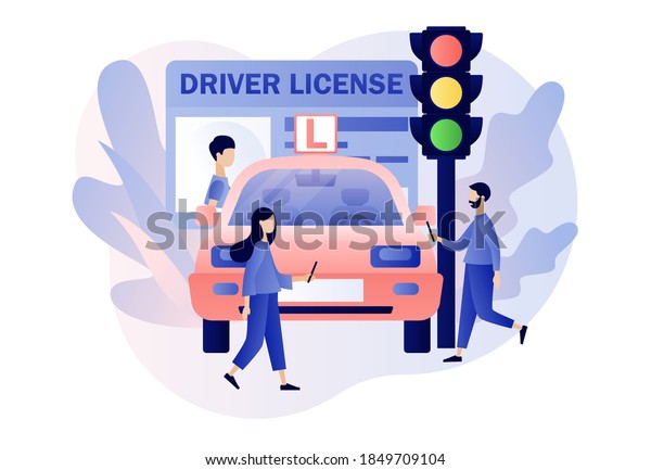 Tiny people studying in driving school and\
passing exams. Driver license. Traffic rules. Road signs. Education\
and drive lesson. Modern flat cartoon style. Vector illustration on\
white background