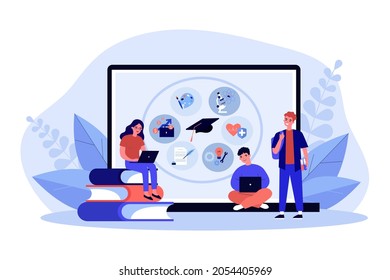 Tiny people studying online near huge laptop. Smiling students working learning on computer. Distant college or university course or lecture. Education and knowledge. Cartoon vector illustration.