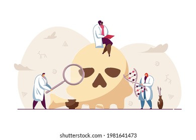 Tiny people studying prehistoric fossils and DNA. Woman sitting on Neanderthal skull flat vector illustration. Anthropology, sociology, museum concept for banner, website design or landing web page