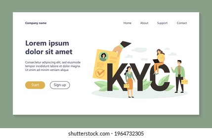 Tiny people studying risks and process guidelines for clients flat vector illustration. Idea of business identification and finance safety. KYC and know your customer concept