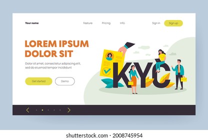 Tiny people studying risks and process guidelines for clients flat vector illustration. Idea of business identification and finance safety. KYC and know your customer concept