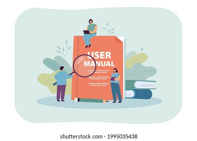 Tiny People Studying User Manual. Character With Magnifier Examining Guidebook, Girl Reading Handbook Flat Vector Illustration. Instructions, Guide Concept For Banner, Website Design Or Landing Page