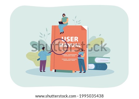 Tiny people studying user manual. Character with magnifier examining guidebook, girl reading handbook flat vector illustration. Instructions, guide concept for banner, website design or landing page