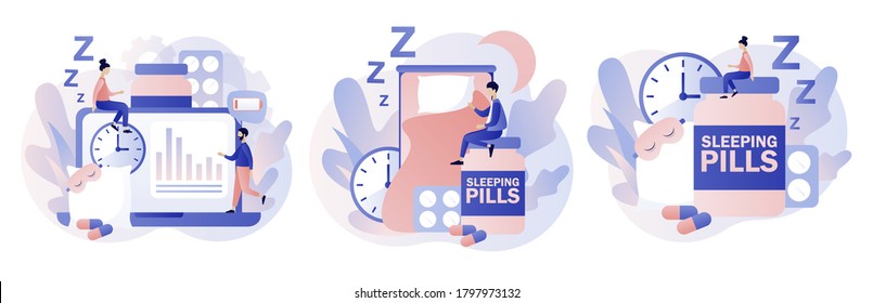 Tiny people suffers from insomnia in bedroom surrounded by alarm clock, sleeping pills, mask. Sleep control. Stress, depression and sleeping problems. Modern flat cartoon style. Vector illustration