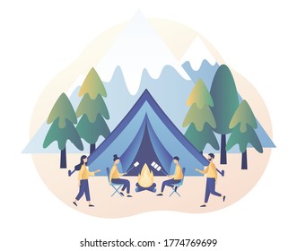 Tiny people in summer camp with tent, campfire, mountains and forest. Camping concept. Nature tourism. Modern flat cartoon style. Vector illustration on white background