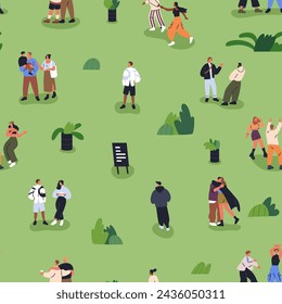 Tiny people in summer park, seamless pattern design. Open-air festival, holiday event, outdoor weekend, endless background. Rest outside in nature, repeating print, texture. Flat vector illustration