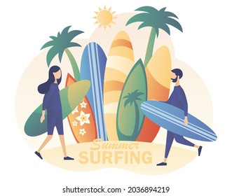 Tiny people surfer with surfboards go the beach, sea or ocean. Surfing concept. Surf Club or Shop. Modern flat cartoon style. Vector illustration on white background