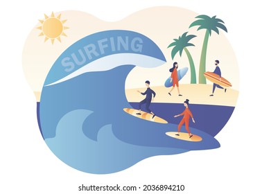 Tiny people surfers in beachwear with surfboards in sea or ocean catch the wave. Surfing concept. Surf Club or Shop. Modern flat cartoon style. Vector illustration on white background