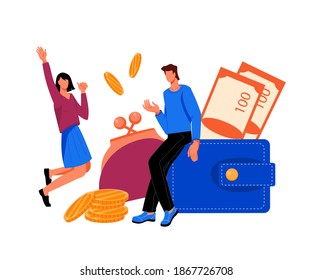 Pequeñas personas rodeadas de varias monedas de dinero y billetes de monedas. Ilustración vectorial sobre el tema del ahorro de dinero, obtención de beneficios y economía presupuestaria, vector plano aislado sobre fondo blanco.