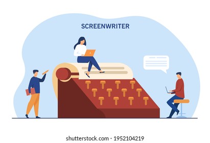 Tiny people surrounding giant typewriter. Paper, screenwriter, laptop flat vector illustration. Writing and literature concept for banner, website design or landing web page