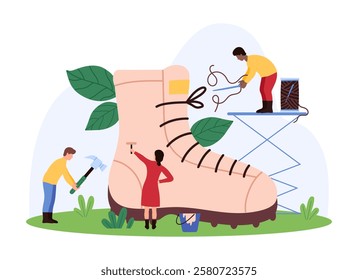 Tiny people tailoring and repairing a large shoe with tools, illustrating craftsmanship, shoe repair, and custom tailoring vector illustration.