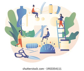 Tiny people tailors create outfit and apparel in workshop or atelier use big sewing machine, mannequin, tools and materials. Sewing studio concept. Modern flat cartoon style. Vector illustration