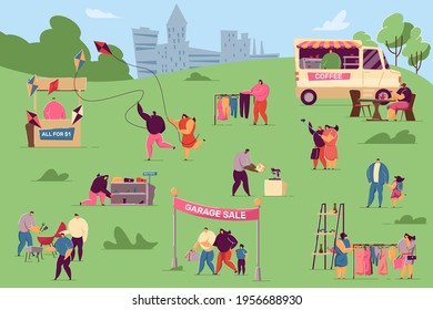 Tiny people taking rest at garage sale in city park. Flat vector illustration. Summer fair or festival event with sellers, crowd of citizens. Family marketplace, business community, selling concept