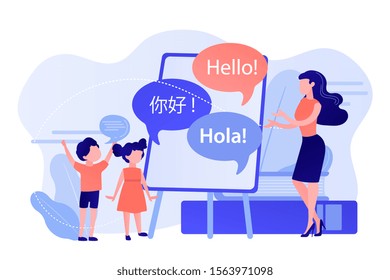 Tiny people, teacher and kids in camp learning English and Chinese. Language learning camp, summer language program, learn foreign languages concept. Pinkish coral bluevector isolated illustration