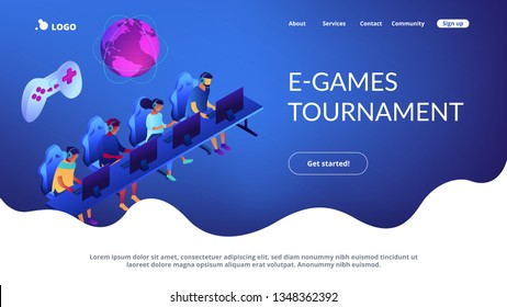 Tiny people team of cybersport players in headsets playing electronic game online. Cybersport team, e-games tournament, top esports team concept. Isometric 3D website app landing web page template