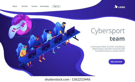 Tiny people team of cybersport players in headsets playing electronic game online. Cybersport team, e-games tournament, top esports team concept. Isometric 3D website app landing web page template