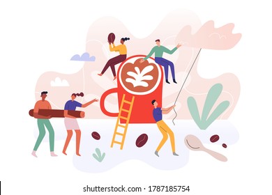 Tiny people team making coffee at coffeehouse, little humans teamwork, men and women, miniature characters carrying coffee beans, making milk foam, vector illustration, poster for cafe, modern concept