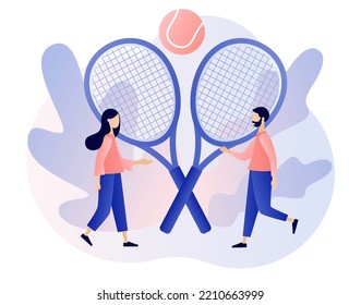 Tiny people with tennis rackets and ball. Sport club, group activity, training. Championship and tournament. Modern flat cartoon style. Vector illustration on white background