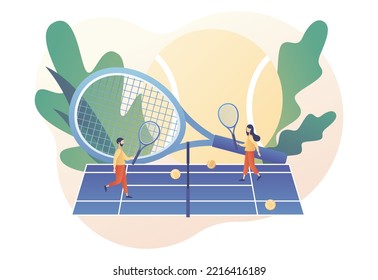 Tiny people with tennis rackets and balls play on tennis court. Championship and tournament. Sport club, group activity, training. Modern flat cartoon style. Vector illustration on white background