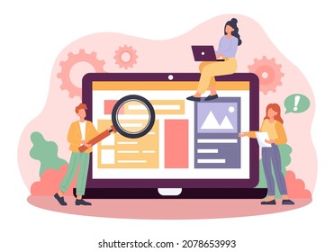 Tiny people testing. Employees looking for errors in program code, application development. Work on company website, Freelancers, programmers, coworking, testers. Cartoon flat vector illustration