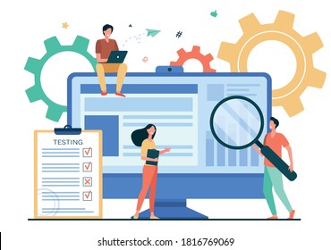 Tiny People Testing Quality Assurance In Software Isolated Flat Vector Illustration. Cartoon Character Fixing Bugs In Hardware Device. Application Test And IT Service Concept