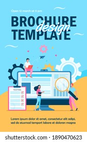 Tiny people testing quality assurance in software isolated flat vector illustration. Cartoon character fixing bugs in hardware device. Application test and IT service concept