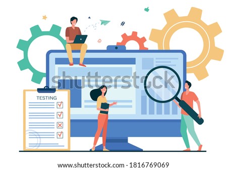 Tiny people testing quality assurance in software isolated flat vector illustration. Cartoon character fixing bugs in hardware device. Application test and IT service concept
