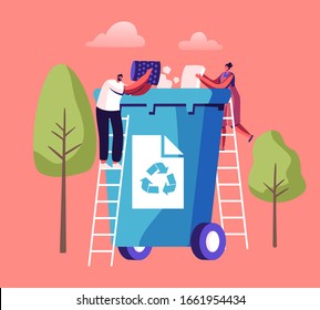 Tiny People Throw Paper Garbage into Huge Litter Bin with Recycle Sign. City Dwellers Collecting Trash. Waste Recycling, Pollution and Ecology Protection Concept. Cartoon Flat Vector Illustration