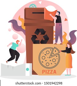 Tiny people throwing big carton fast food pack, pizza box into huge brown trash can, vector illustration. Sorting paper and cardboard for recycling, ecology concept for web banner, website page etc.