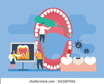 Tiny people tooth and mouth health care illustration. Perfect for infographic, poster, and education book for children.