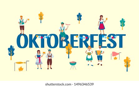 Tiny people in traditional Austrian costumes on the background of a huge inscription Oktoberfest. German folk celebration of the great outdoors. Bavarian Autumn Beer Festival