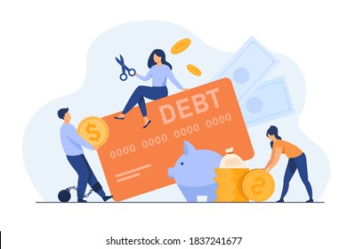 Tiny people in trap of credit card debt flat vector illustration. Cartoon characters paying money for expenses. Financial interest and infographics concept