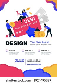 Pequeñas personas atrapadas en la trampa de la ilustración vectorial plana de deuda de tarjetas de crédito. Personajes de caricatura pagando dinero por gastos. Interés financiero y concepto de infografía