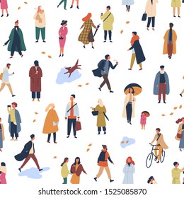 Tiny people in trendy clothes flat vector seamless pattern. Young and old women and men in autumn clothing decorative backdrop. Stylish guys and girls wearing fall season outerwear wallpaper design.