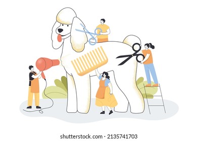 Tiny People Trimming Huge Dog Flat Vector Illustration. Man And Women Cutting Animal Wool, Combing And Drying With Hair Dryer At Groomer Salon, Taking Care Of Happy Dog. Pet Grooming Service Concept