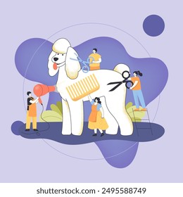 Tiny people trimming huge dog flat vector illustration. Man and women cutting animal wool, combing and drying with hair dryer at groomer salon, taking care of happy dog. Pet grooming service concept