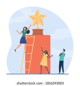 Tiny people trying to get golden star. Ladder, award, reward flat vector illustration. Competition and acknowledgement concept for banner, website design or landing web page