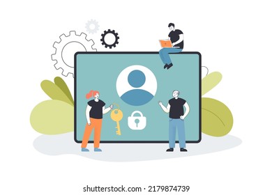 Pequeñas personas tratando de desbloquear la cuenta de un portátil. Mujer con llave y hombres parados en la ilustración plana del vector de perfil cerrado. Protección del concepto de datos personales para banner, diseño de sitios web o aterrizaje 