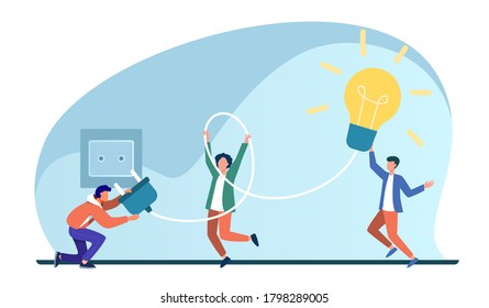Tiny people turning on bulb into socket. Idea, lamp, electricity flat vector illustration. Brainstorming and creativity concept for banner, website design or landing web page