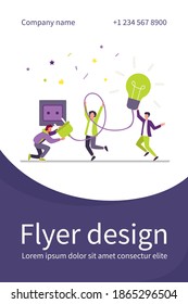 Tiny people turning on bulb into socket. Idea, lamp, electricity flat vector illustration. Brainstorming and creativity concept for banner, website design or landing web page