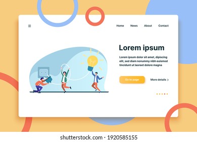 Tiny people turning on bulb into socket. Idea, lamp, electricity flat vector illustration. Brainstorming and creativity concept for banner, website design or landing web page