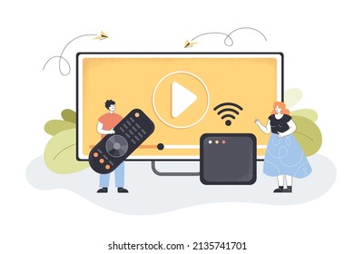 Tiny people turning on TV with remote control. Man and woman watching smart television with wi-fi, internet connection flat vector illustration. Entertainment, modern technology concept