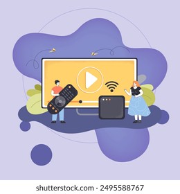 Tiny people turning on TV with remote control. Man and woman watching smart television with wi-fi, internet connection flat vector illustration. Entertainment, modern technology concept