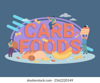 Tiny people with unhealthy diet and carb foods sign. Delicious wheat food, snacks or junk flat vector illustration. Food, nutrition, health concept for banner, website design or landing web page