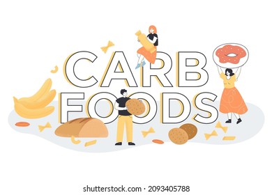 Tiny people and unhealthy nutrition with high energy, cholesterol and glucose. Tasty and delicious diet to gain weight with snacks, junk and wheat food flat vector illustration. Carb food concept