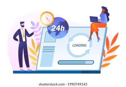 Tiny People Update Operation System. Customer Service, Online Store Hotline Operator Advise Customer Product, Online Global Technical Support 24 7. Flat Abstract Metaphor Cartoon Vector Concept Design