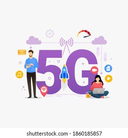 Tiny people use network high speed 5g connection. people using high speed wireless connection 5G via mobile smartphone design concept vector illustration