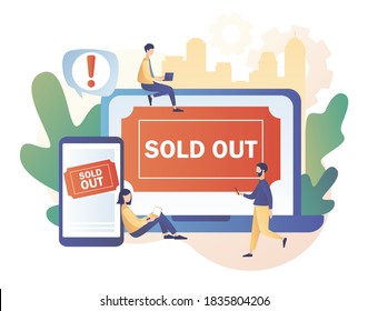 Tiny people use online booking system in gadgets. Sold-out event, sold-out crowd, no tickets available concept. Modern flat cartoon style. Vector illustration on white background